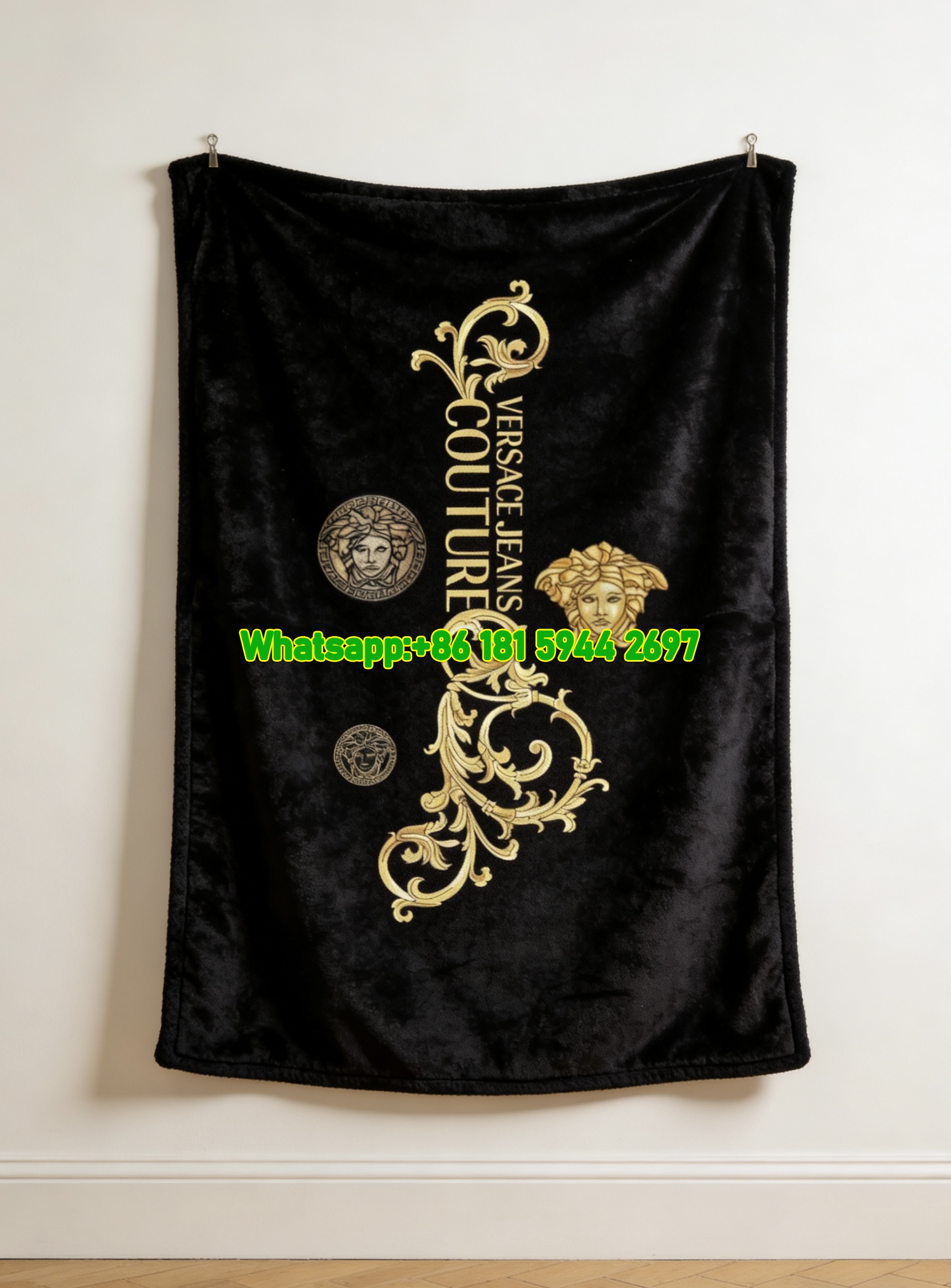 Black and Gold Versace Medusa Logo Print Flannel Throw Blanket IMG_1497